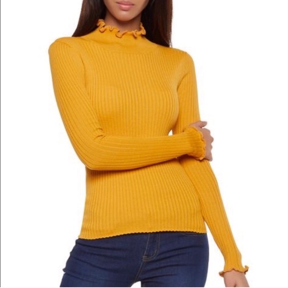 Shinestar Sweaters - Shinestar Lettuce Hem Mustard Turtleneck Sweater